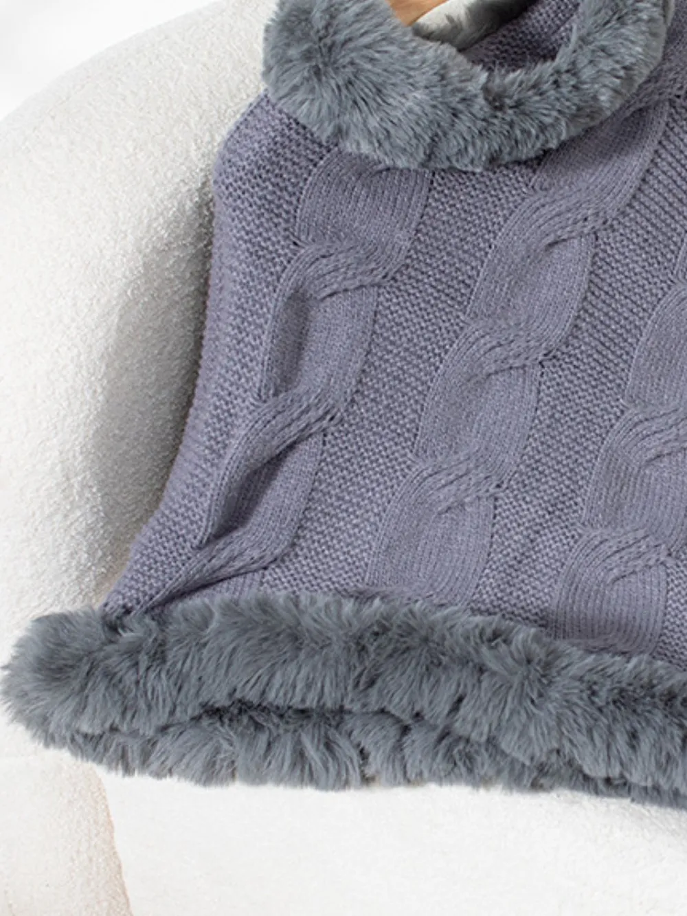 Fuzzy Hem Cable-Knit Poncho, image 18