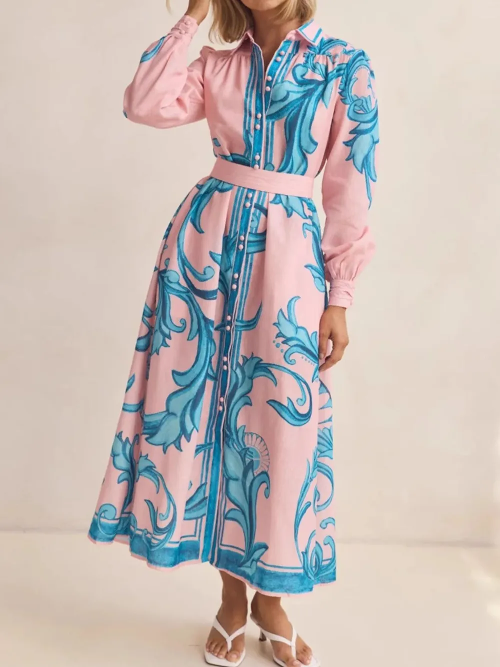 Printed Button Down Belted Shirt Dress, image 8