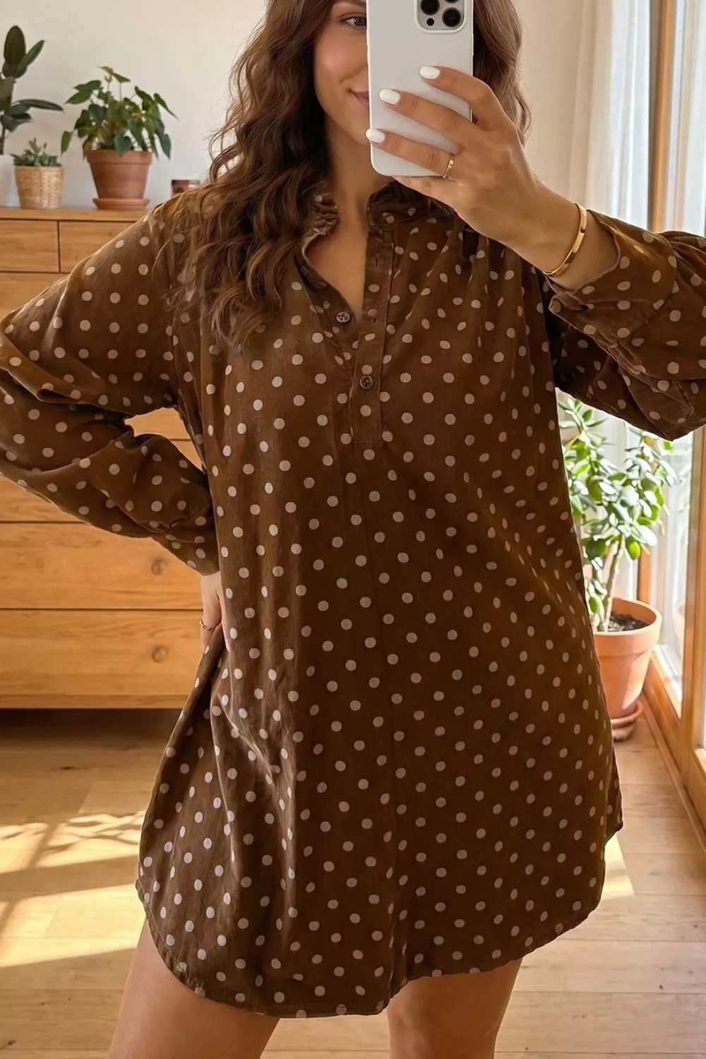 Polka Dot V Neck Long Sleeve Button Shift Dress, image 3