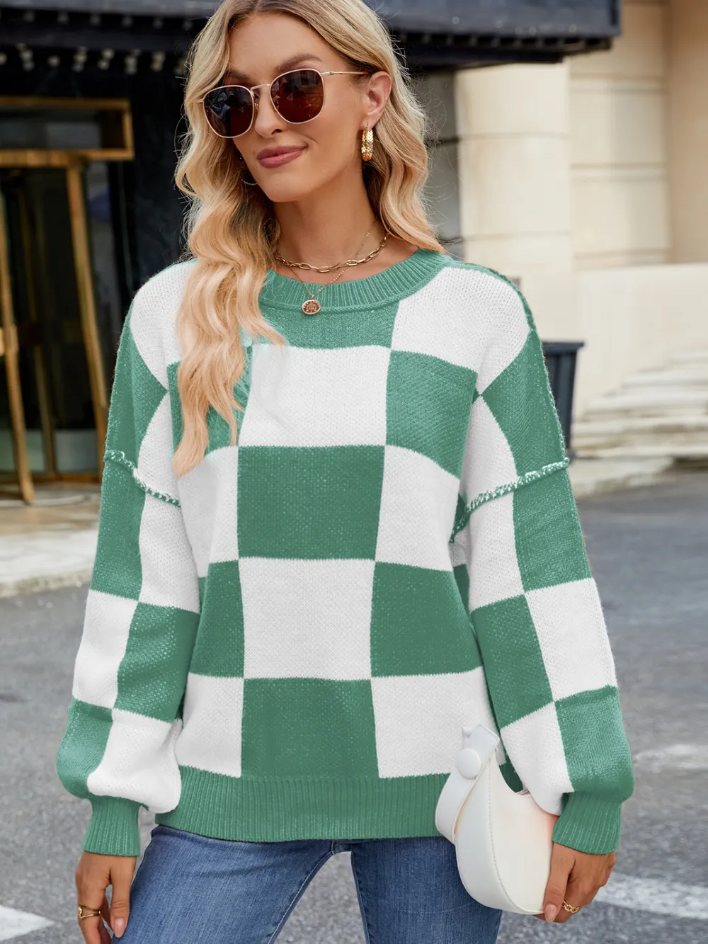 Checkered Round Neck Long Sleeve Sweater, image 6