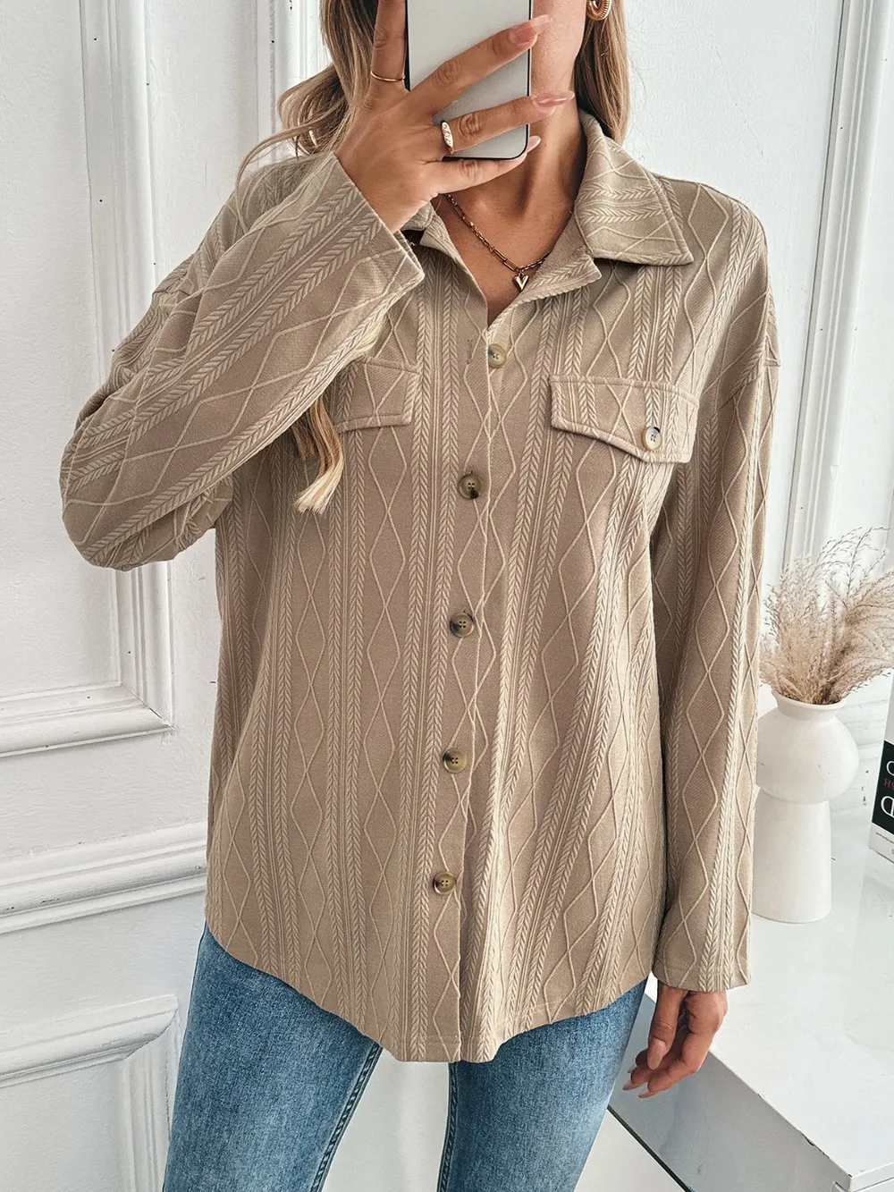 Textured Collared Neck Button Down Shacket, image 4