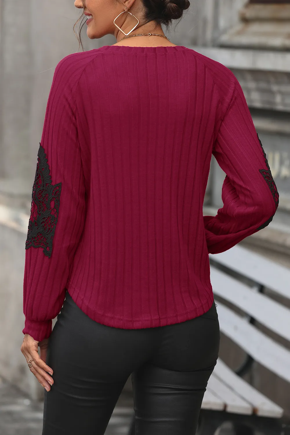 Ribbed Lace Detail V-Neck Sweater, image 2