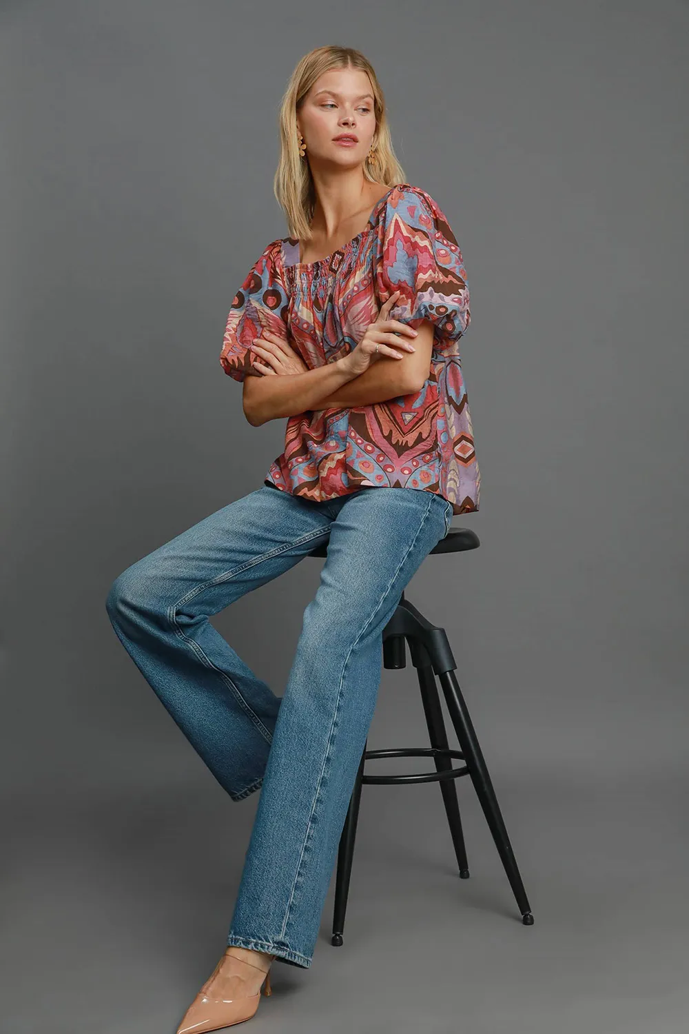 Full Size Abstract Print Smocked Square Neck Puff Sleeve Blouse, image 3