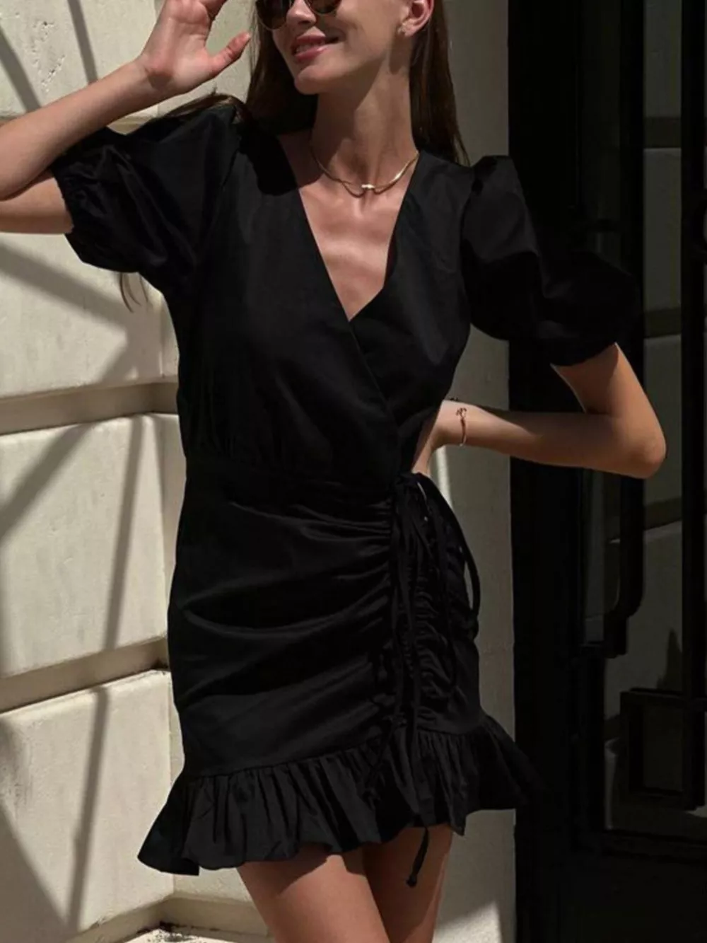 Ruffled Hem Ruched Puff Sleeve Mini Dress, image 6