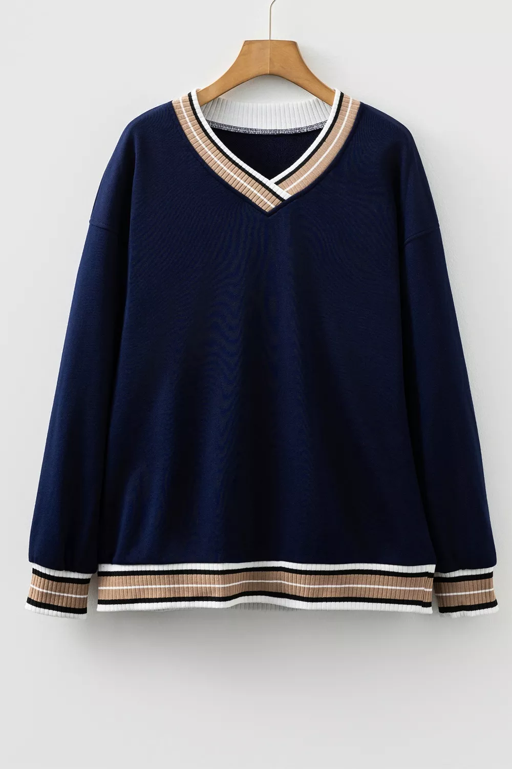 Contrast Striped Trim V Neck Sweatshirt, image 7