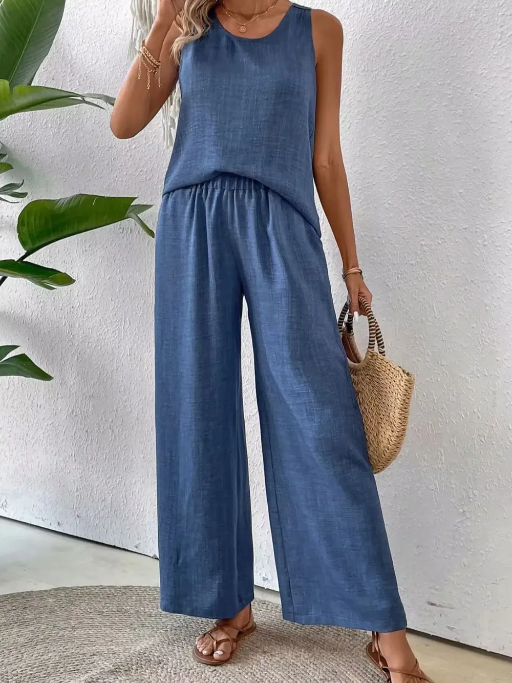 Round Neck Tank and Wide Leg Pants Set, image 5
