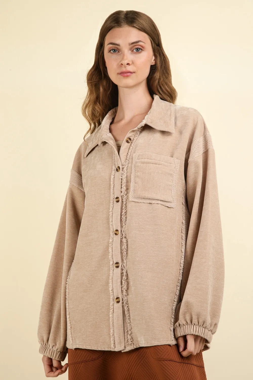 Mixed Media Button Down Raw Hem Shacket, image 3