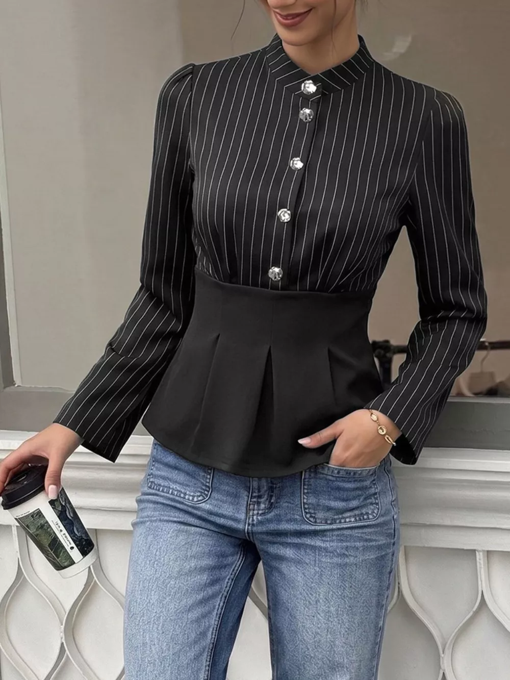 Striped Long Sleeve Peplum Blouse, image 5