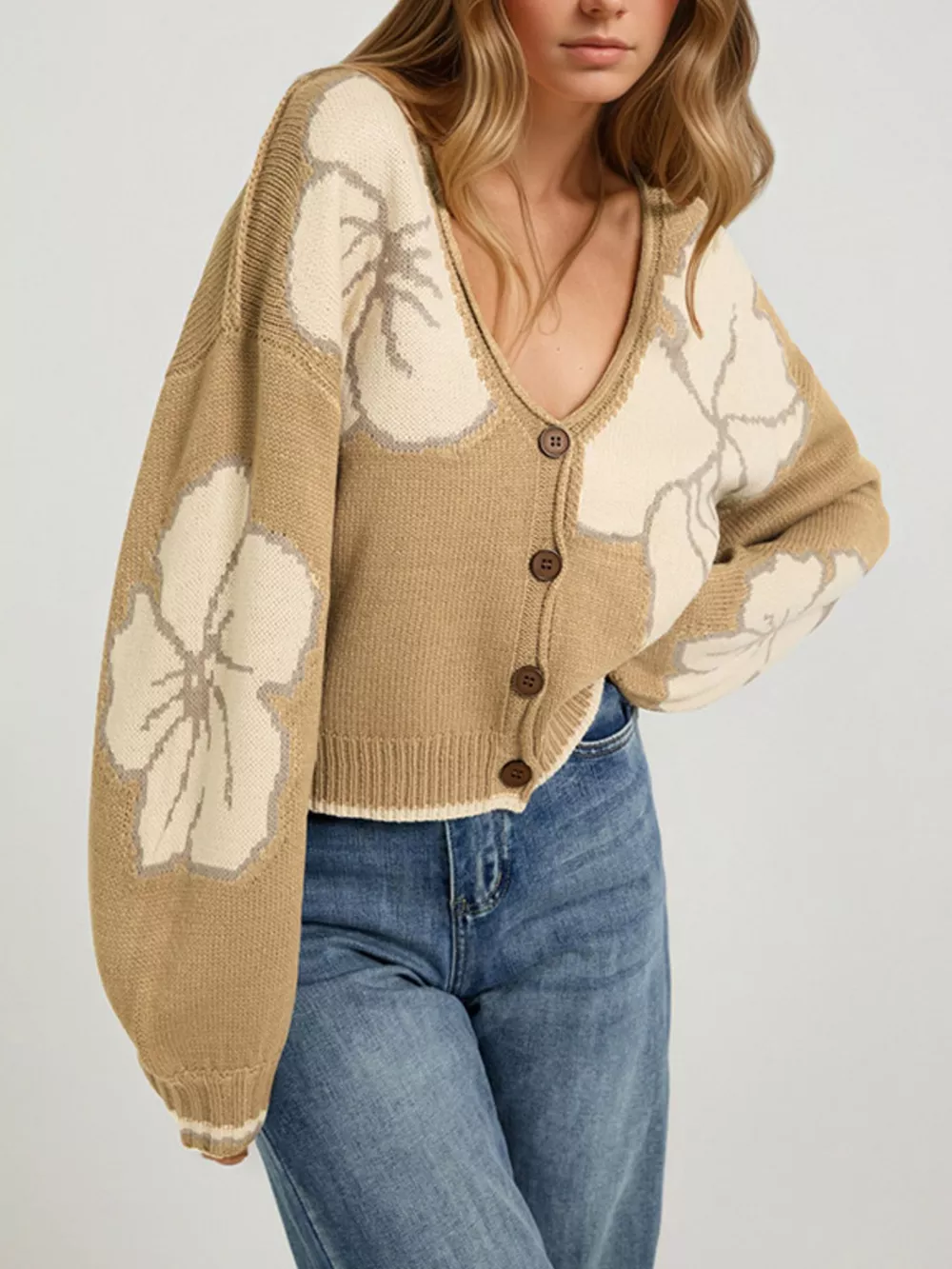 V-Neck Button-Down Knit Cardigan, image 2