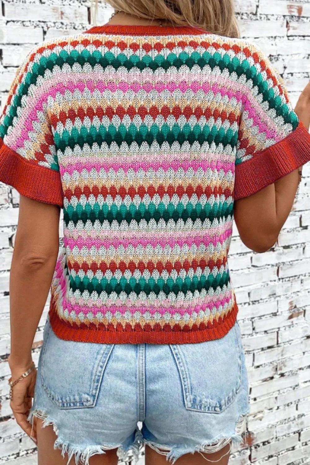 Contrast Round Neck Short Sleeve Sweater, image 11