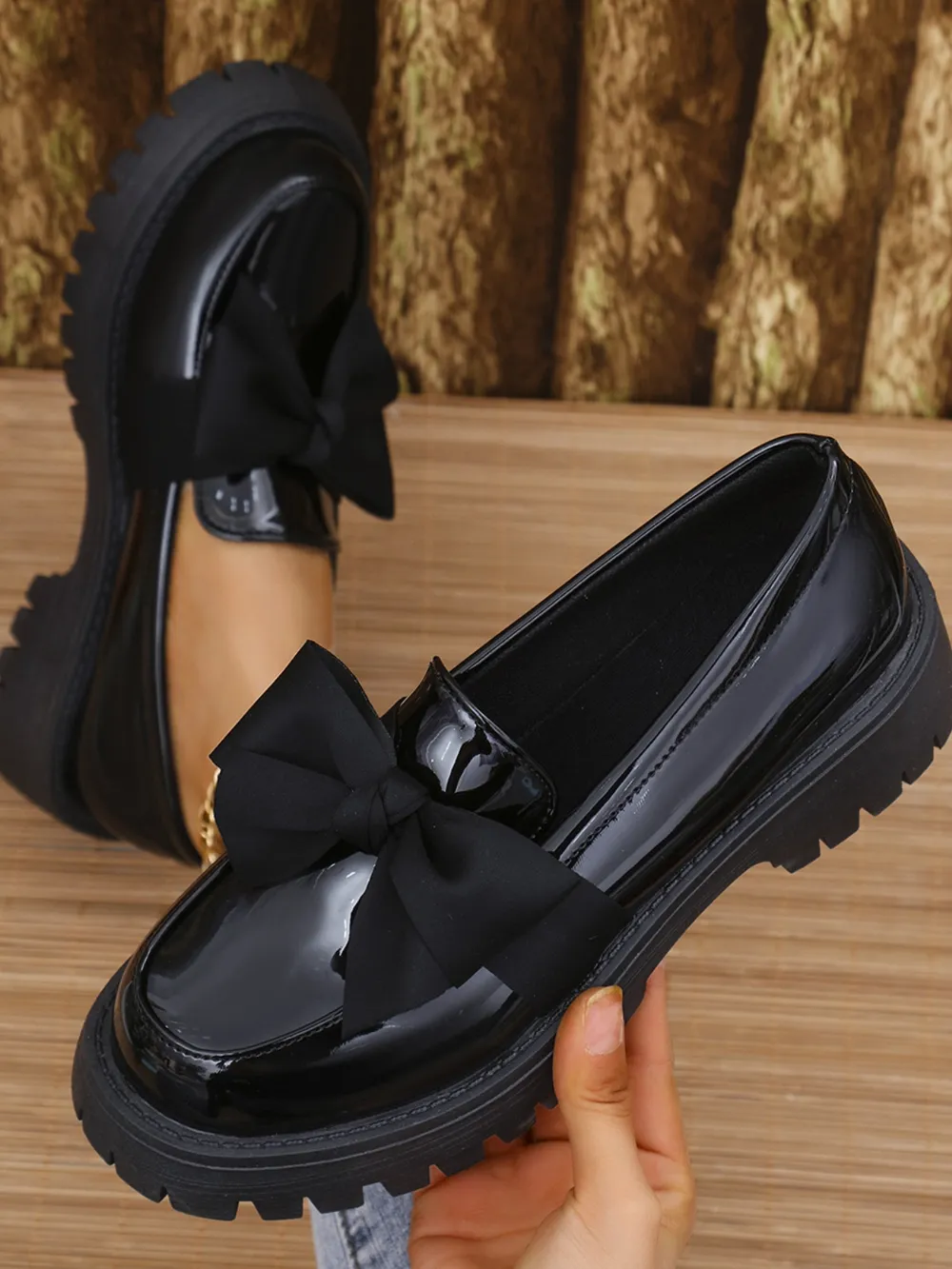 Bow PU Leather Round Toe Loafers, image 4