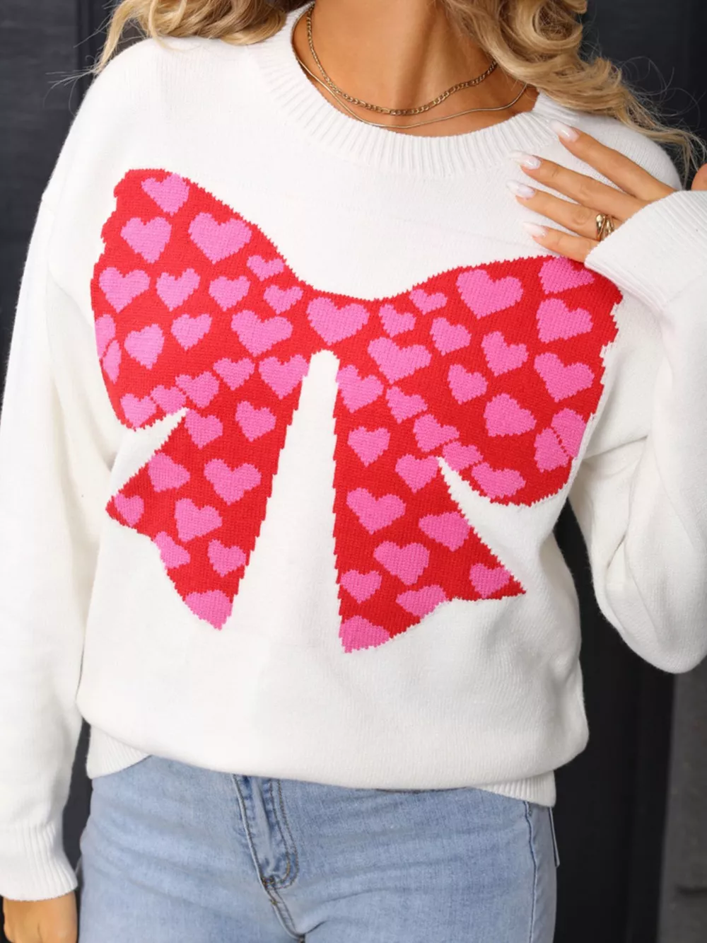Valentine's Day Heart Bow Round Neck Sweater, image 5