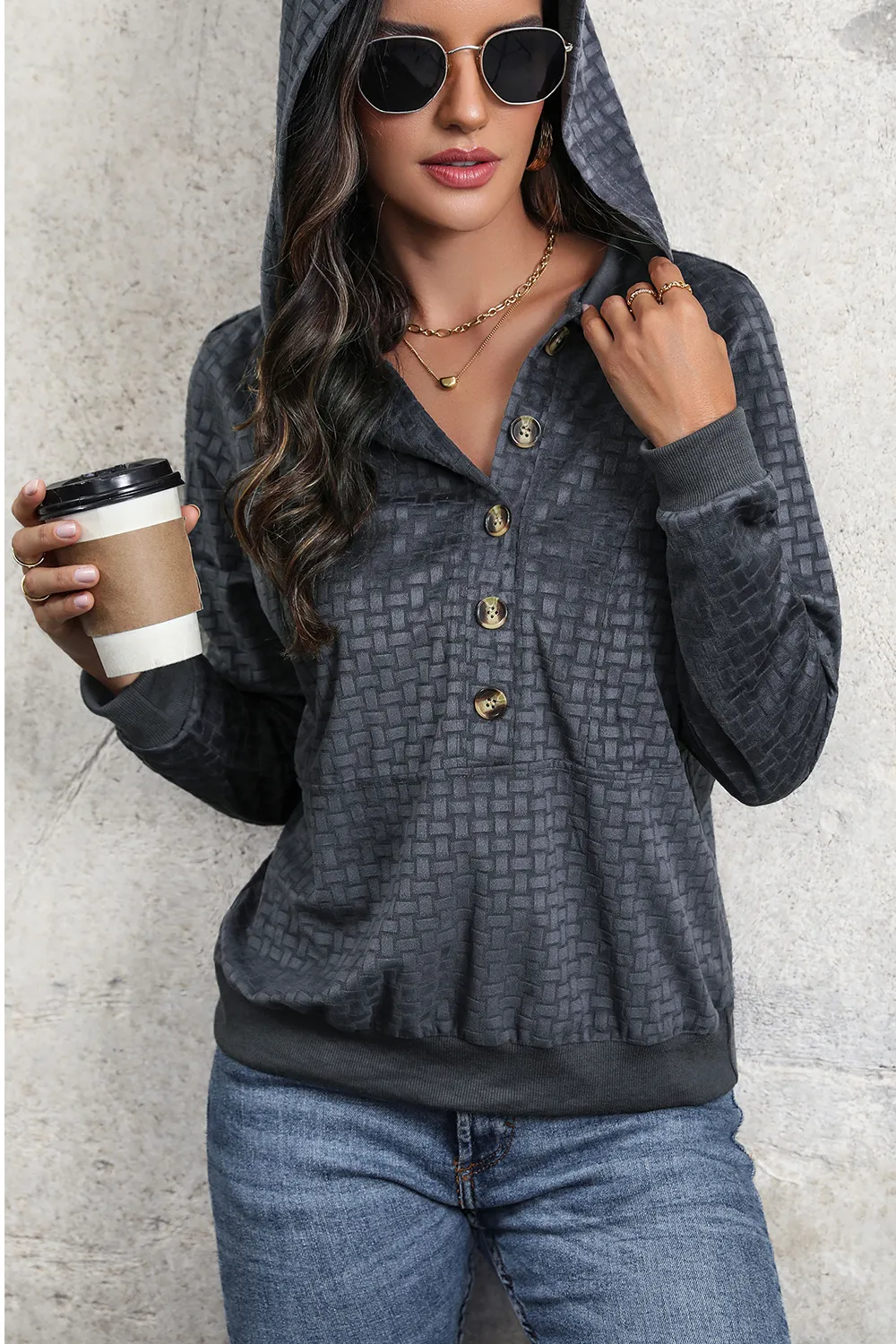 Printed Half Button Long Sleeve Hoodie, image 3