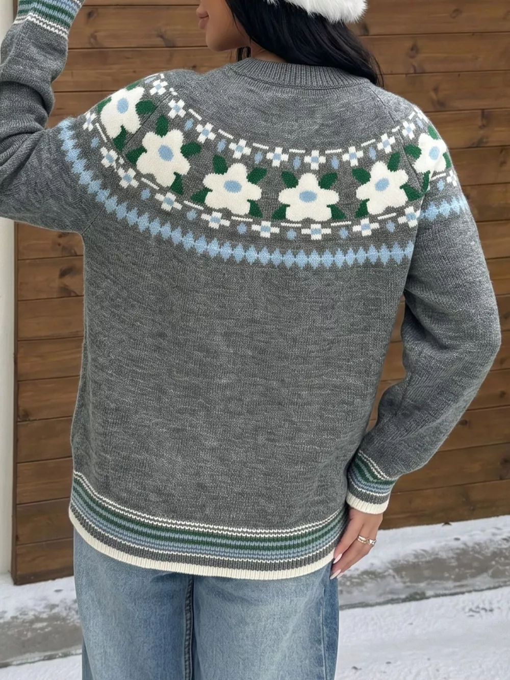 Floral Pattern Round Neck Sweater, image 7