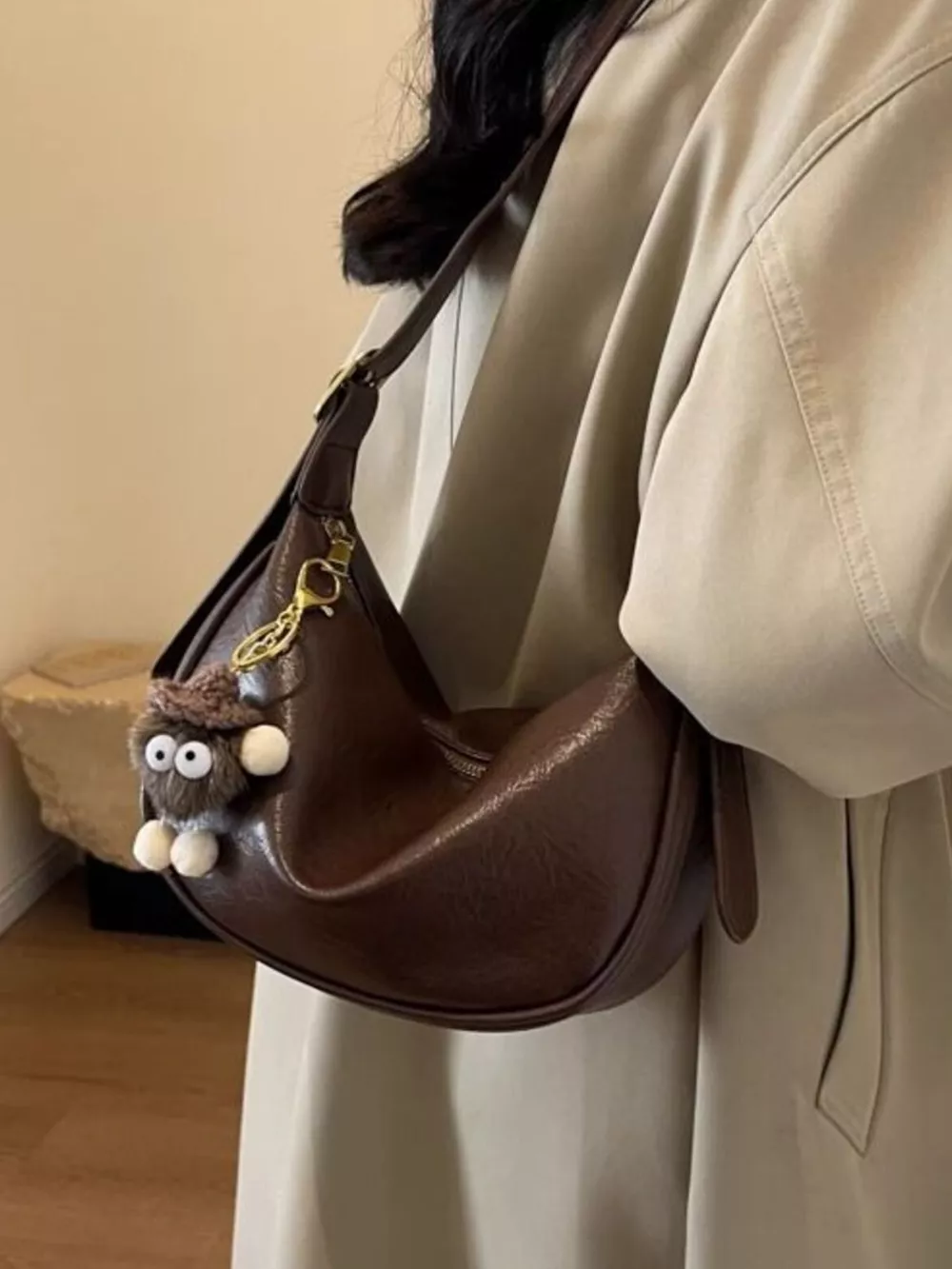 Crescent Shoulder Bag with Plush Charm, image 8