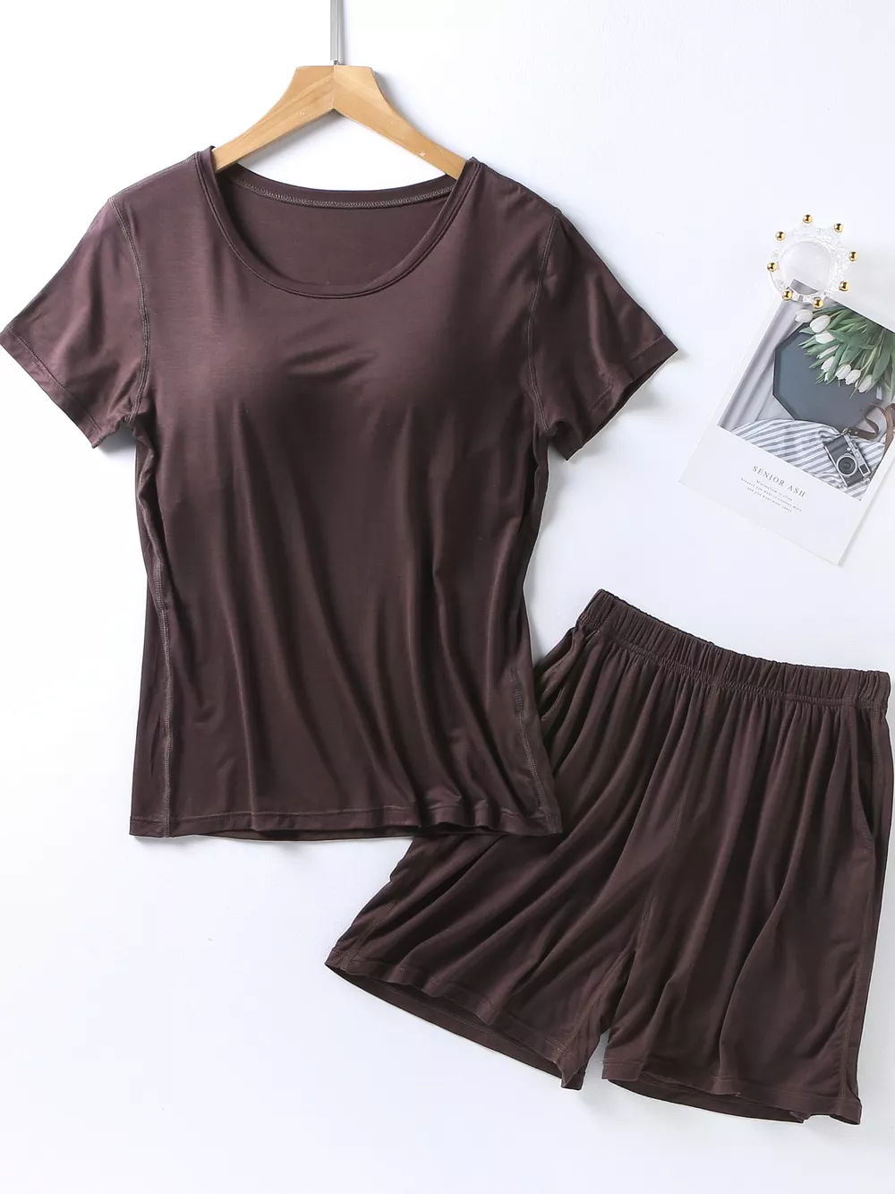 Plus Size Padded Round Neck Modal T-Shirt and Shorts Set, image 24