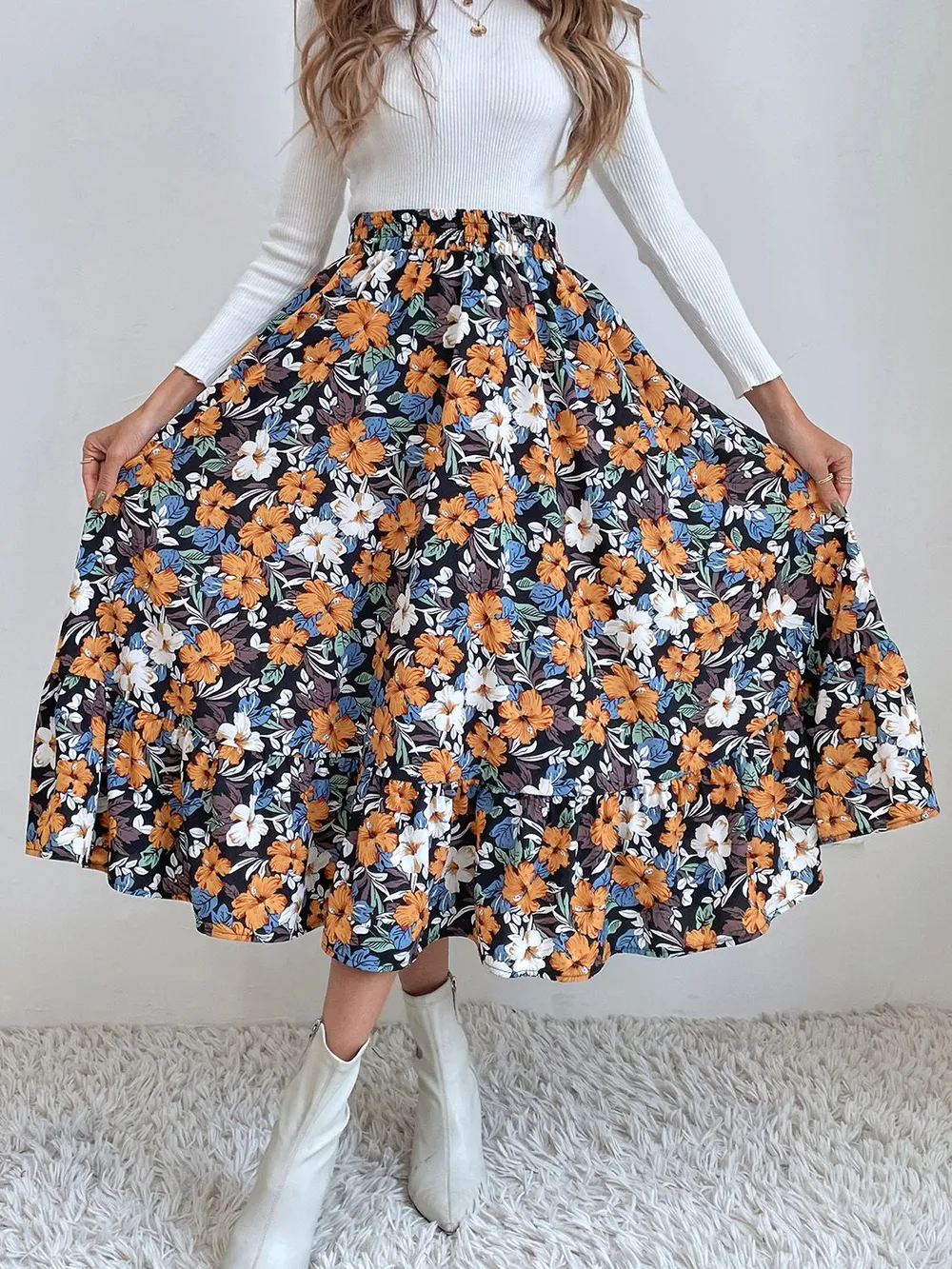 Printed Elastic Waist Midi Skirt, image 10
