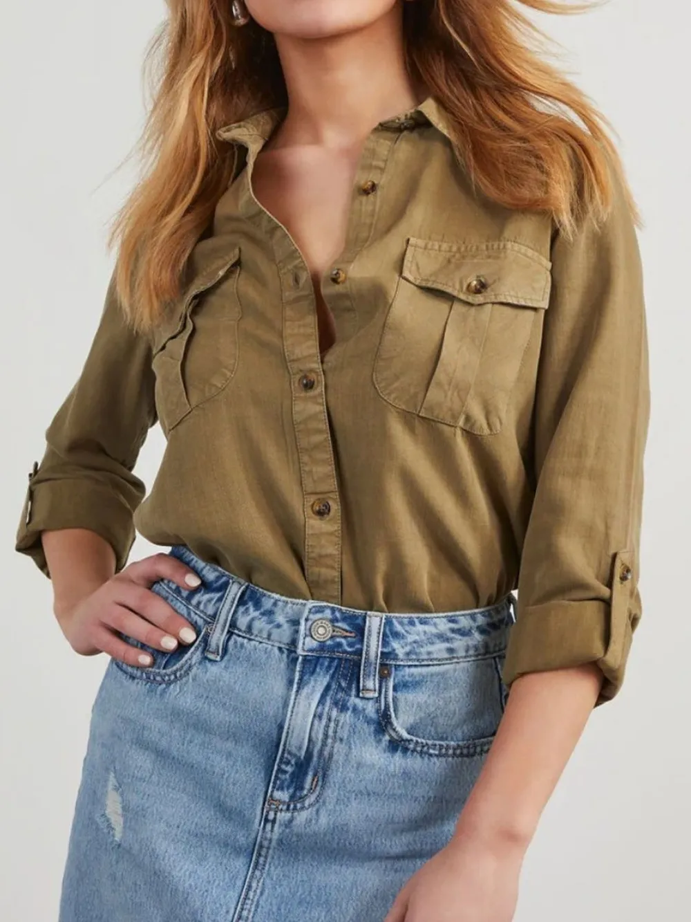 Collared Neck Roll-Tab Sleeve Denim Top, image 4