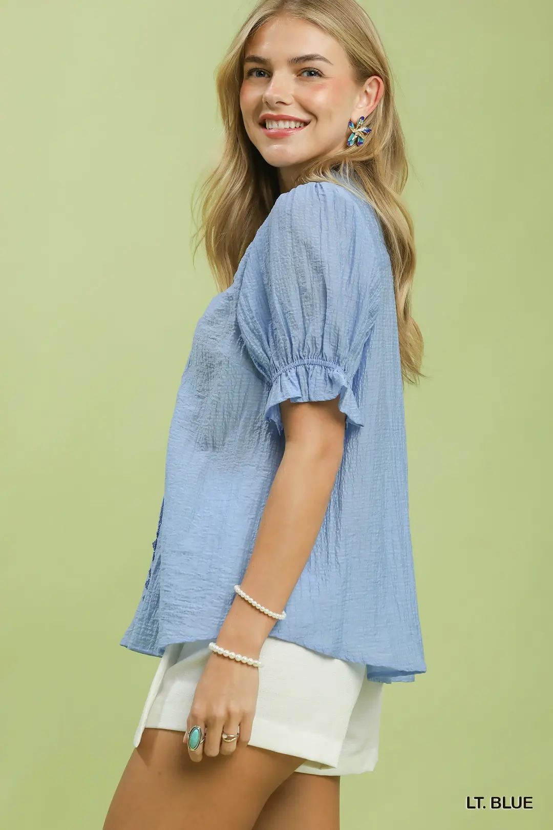 Textured Button-Front Puff Sleeve Top, image 2