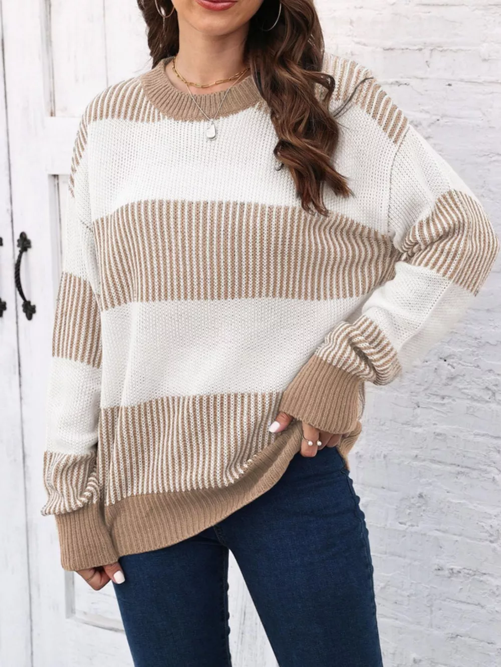 Full Size Color Block Dropped Shoulder Sweater Plus Size, image 9