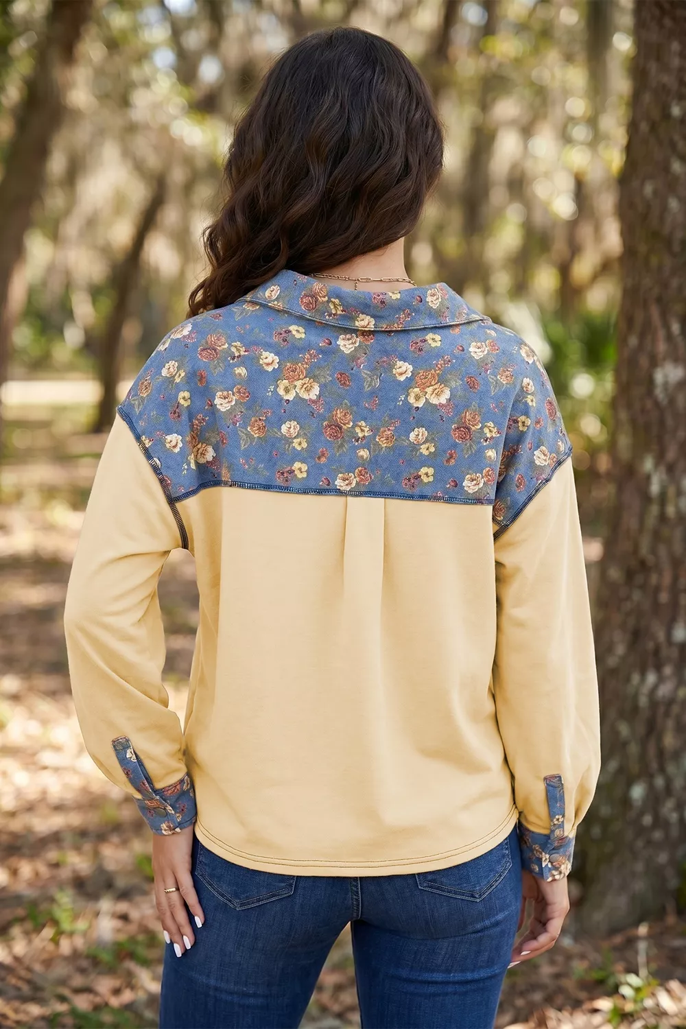 Floral Denim Patchwork Collar V Neck Long Sleeve Pullover Top, image 5
