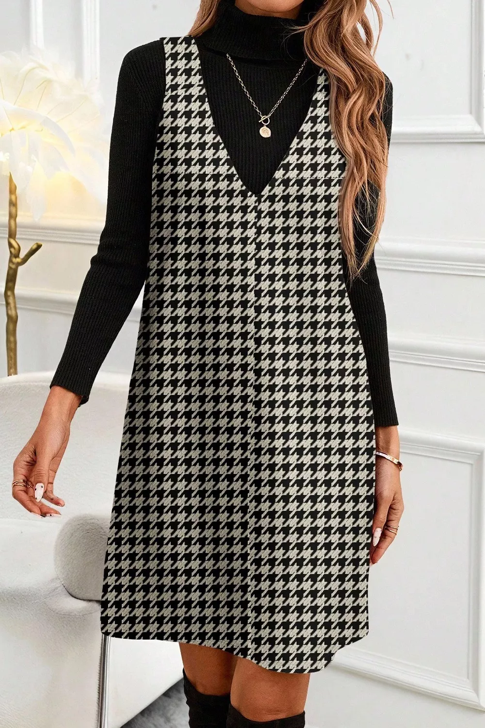 Houndstooth V-Neck Sleeveless Mini Dress, image 5