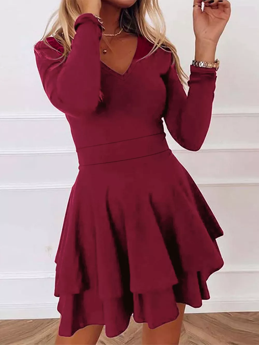 V-Neck Layered Ruffle Mini Dress, image 11