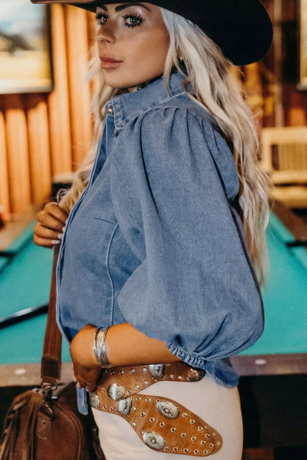 Puff Half Sleeve Collared Denim Shirt, image 2