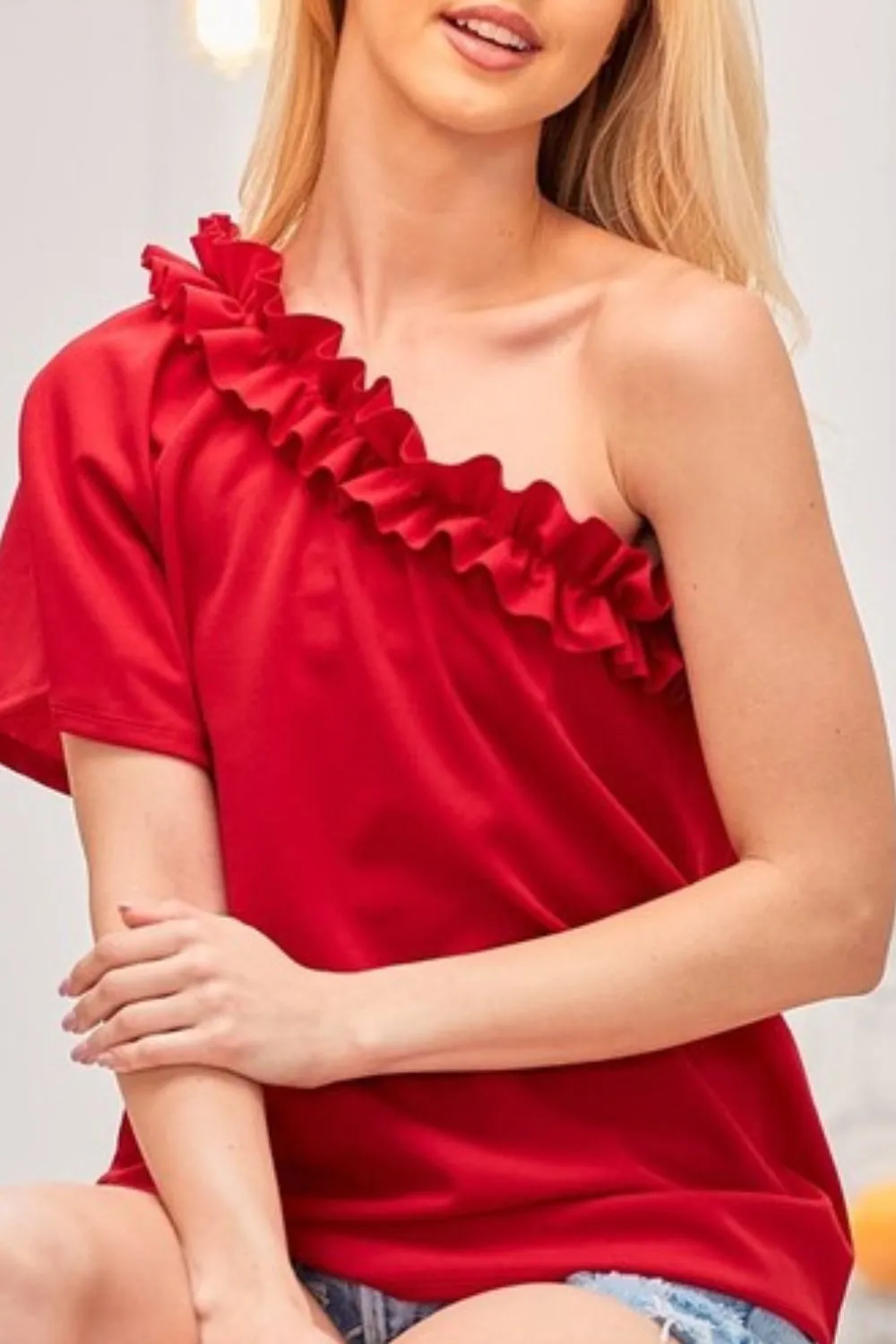 Ruffled Asymmetrical Crepe One Shoulder Top, image 3