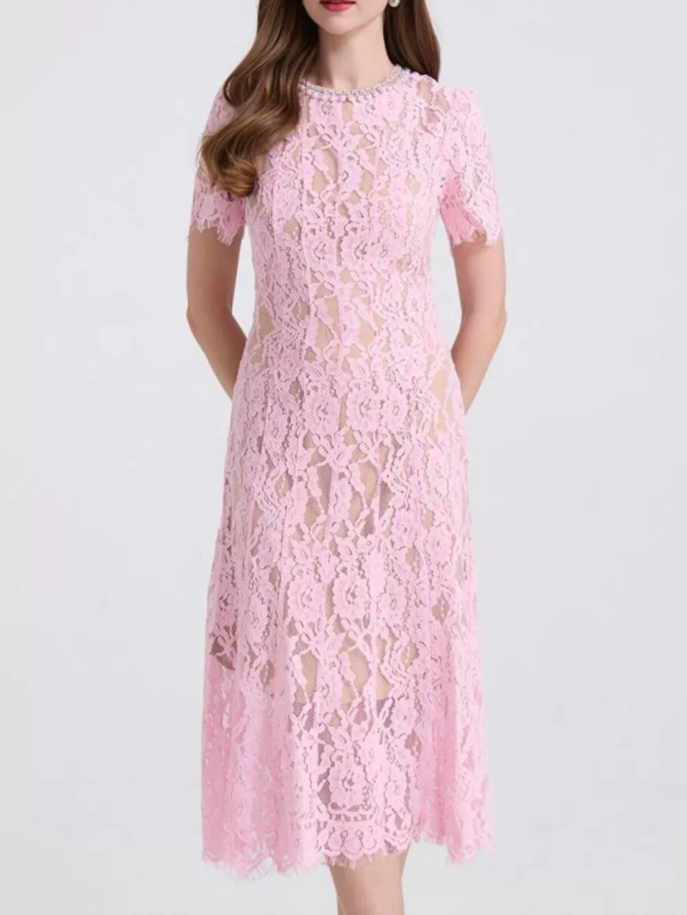 Lace Pearl Neckline Midi Dress, image 3