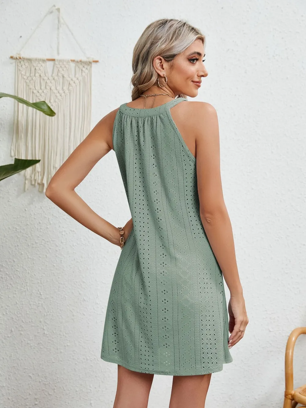 Eyelet Grecian Neck Mini Dress, image 3