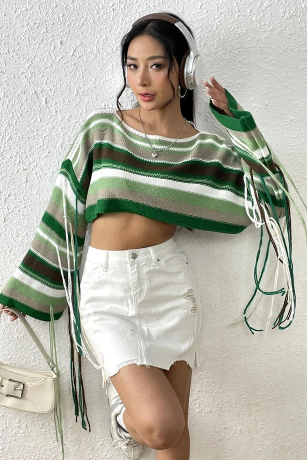Fringe Striped Round Neck Knit Top, image 6