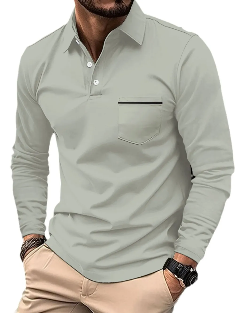 Men's Full Size Button Detail Long Sleeve Polo Plus Size, image 11