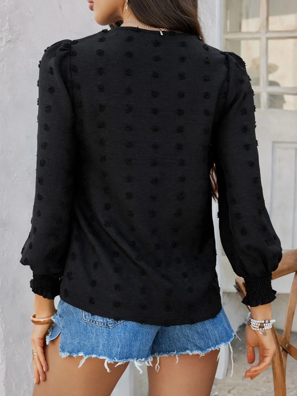 Swiss Dot Lace Detail V-Neck Long Sleeve Blouse, image 24