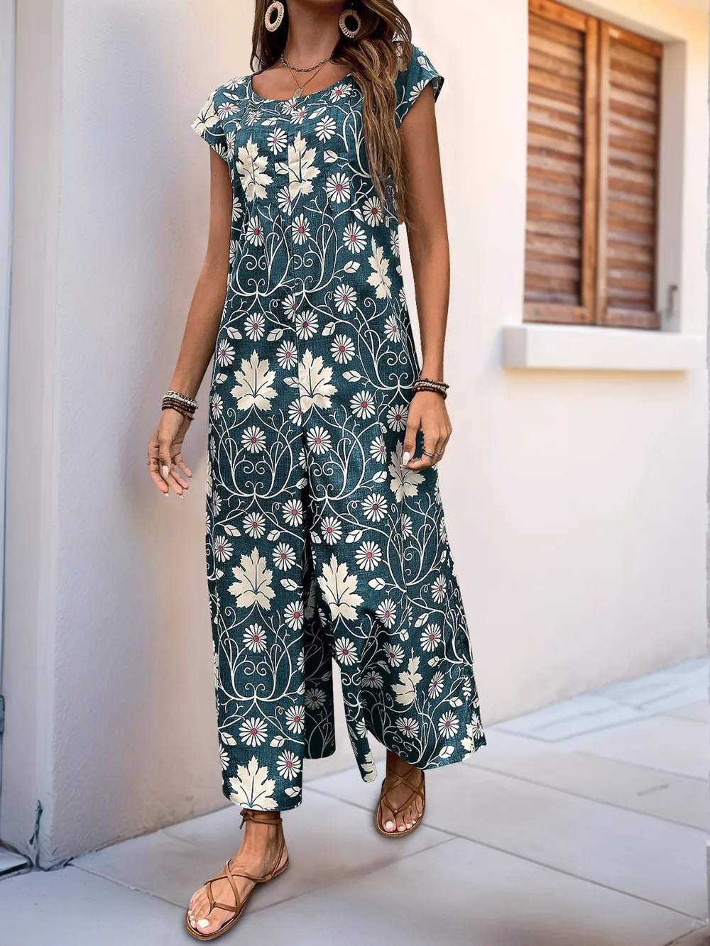 Printed Round Neck Cap Sleeve Wide Leg Jumpsuit, image 8