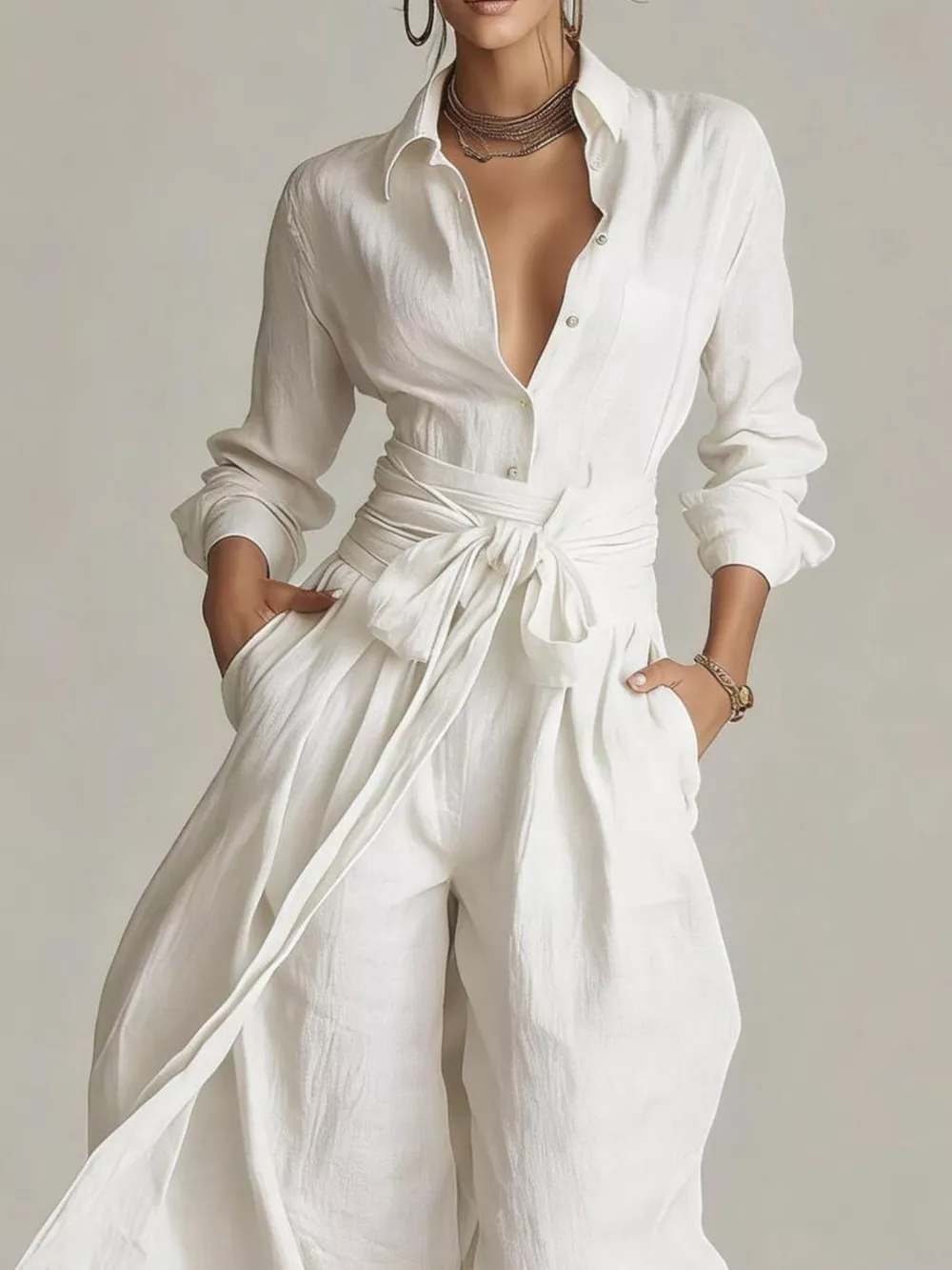 Long-Sleeve Button-Down Waist-Tie Jumpsuit, image 11