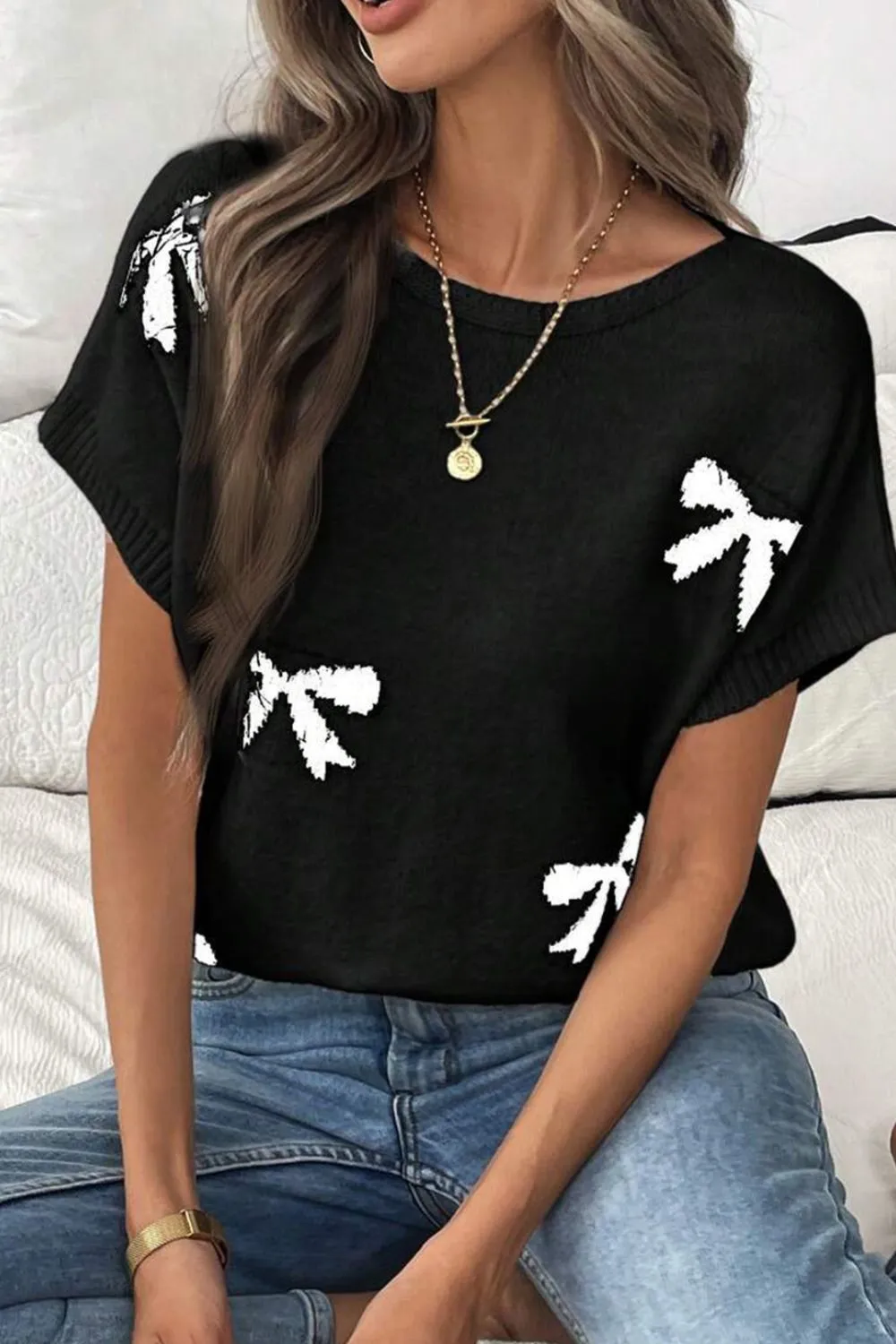 Bow Pattern Knit Short Sleeve Sweater, image 5