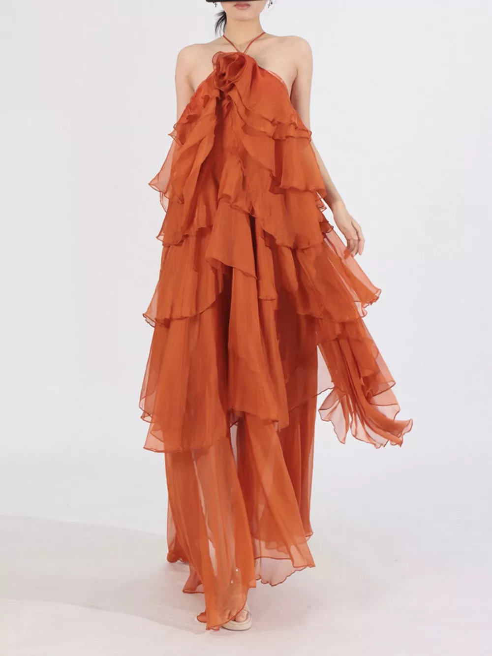 Ruffled Chiffon Halter Neck Maxi Dress, image 6