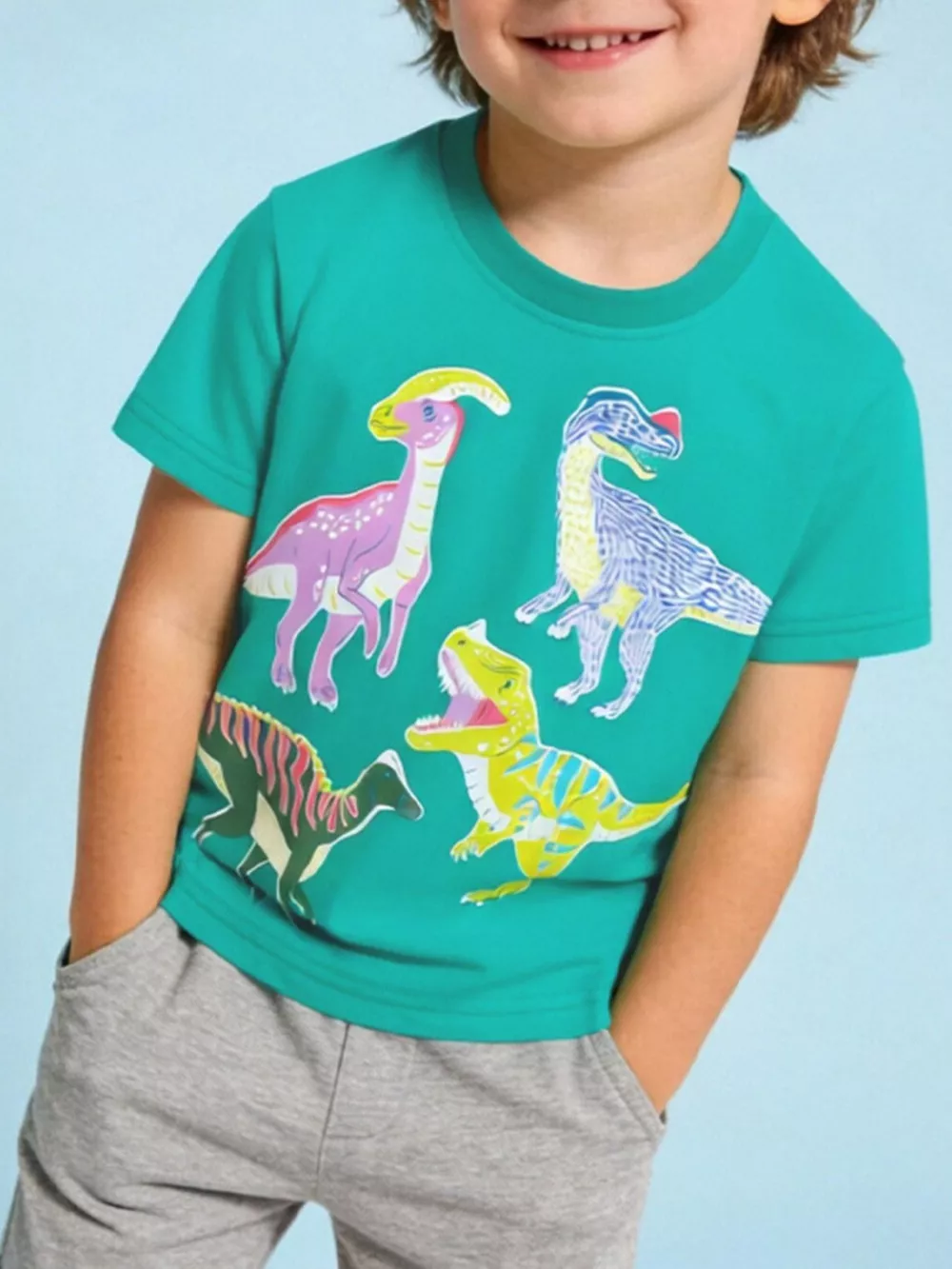 Children's Dinosaur Print Crew Neck Short Sleeve T-Shirt