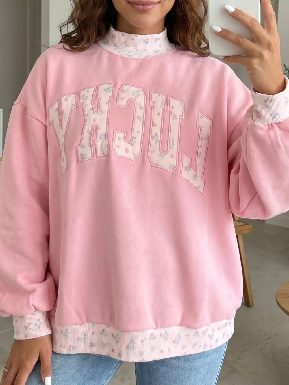 High Neck Floral Patch Embroidery Long Sleeve Sweatshirt