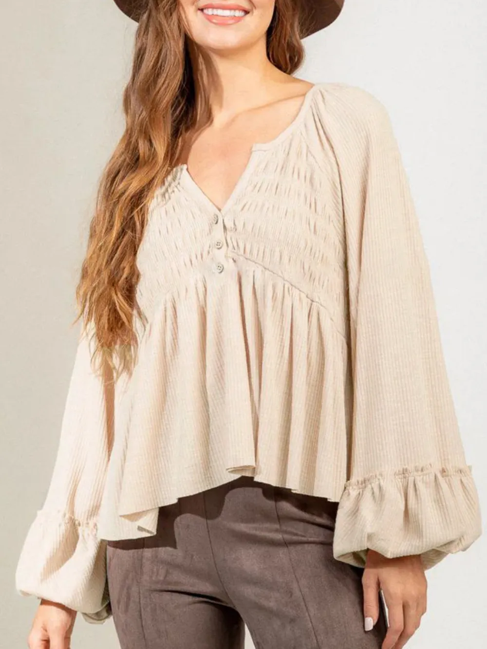 Notched Balloon Sleeve Peplum Blouse, image 7