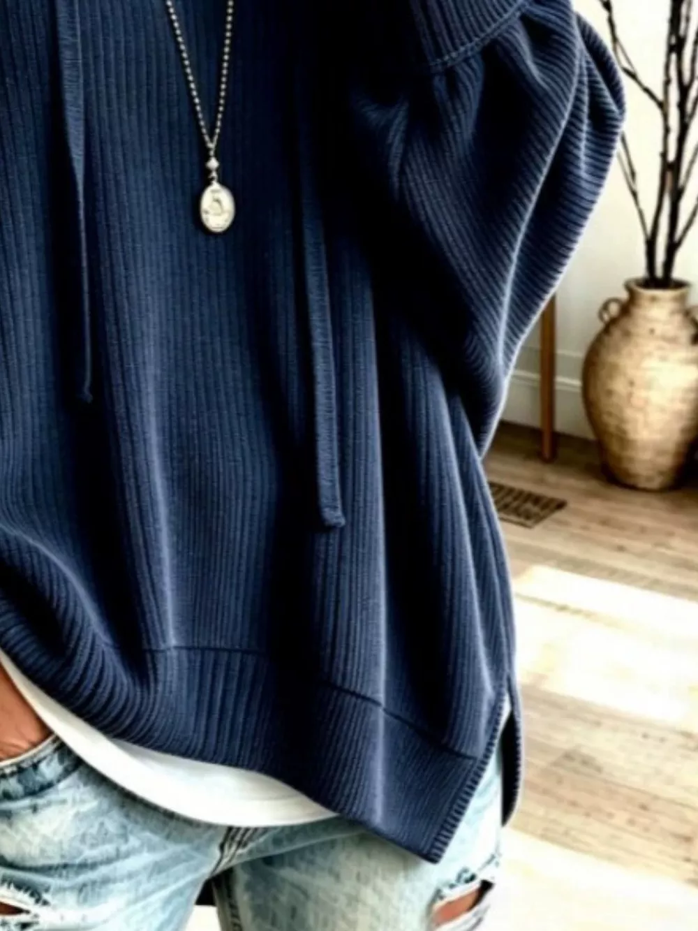 Drawstring Ribbed Knit Hoodie, image 3
