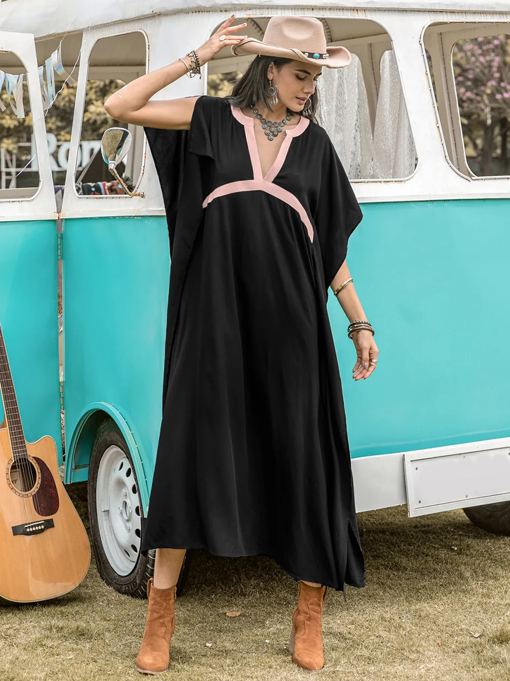 Contrast Trim Notched Slit Short Sleeve Midi Dress, image 3