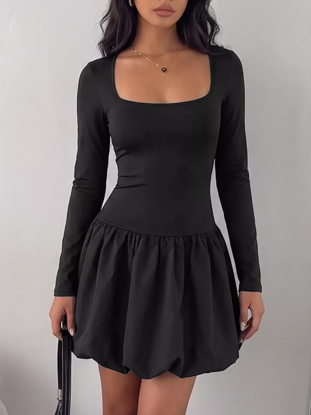 Square Neck Long Sleeve Bubble Hem Dress, image 4