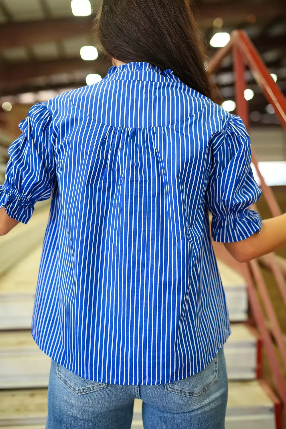 Stripe Ruffled Short Puff Sleeve Button Front Blouse, image 4