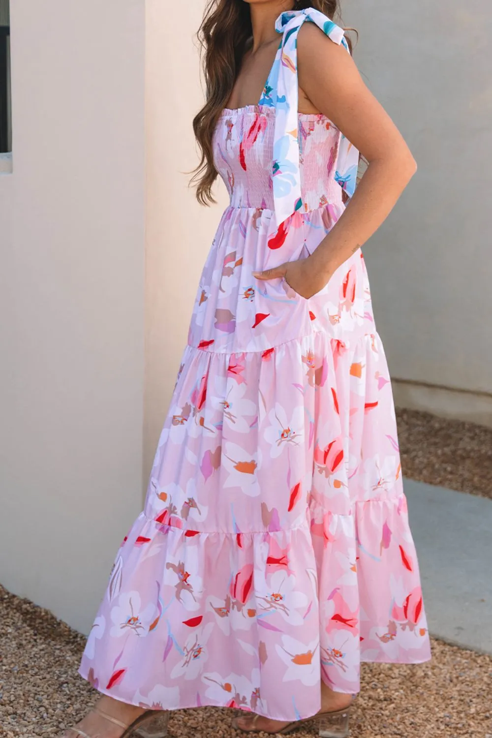 Floral Print Knotted Shoulder Smocked Maxi Dress, image 4