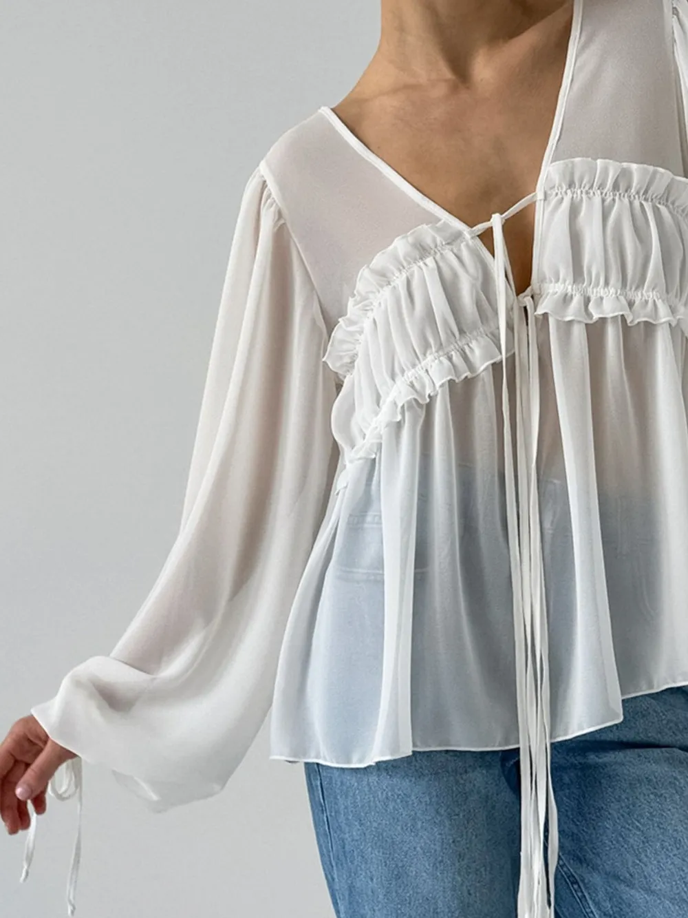 Ruffled Tie Front Long Sleeve Blouse, image 10