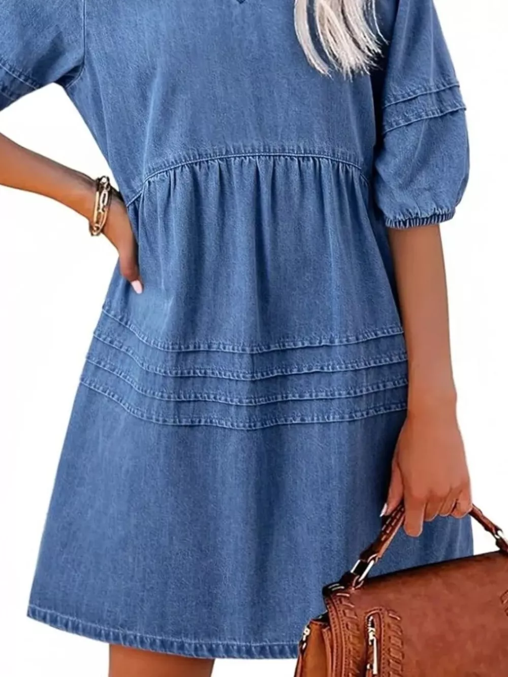 Casual V-Neck Puff Sleeve Denim Mini Dress, image 7
