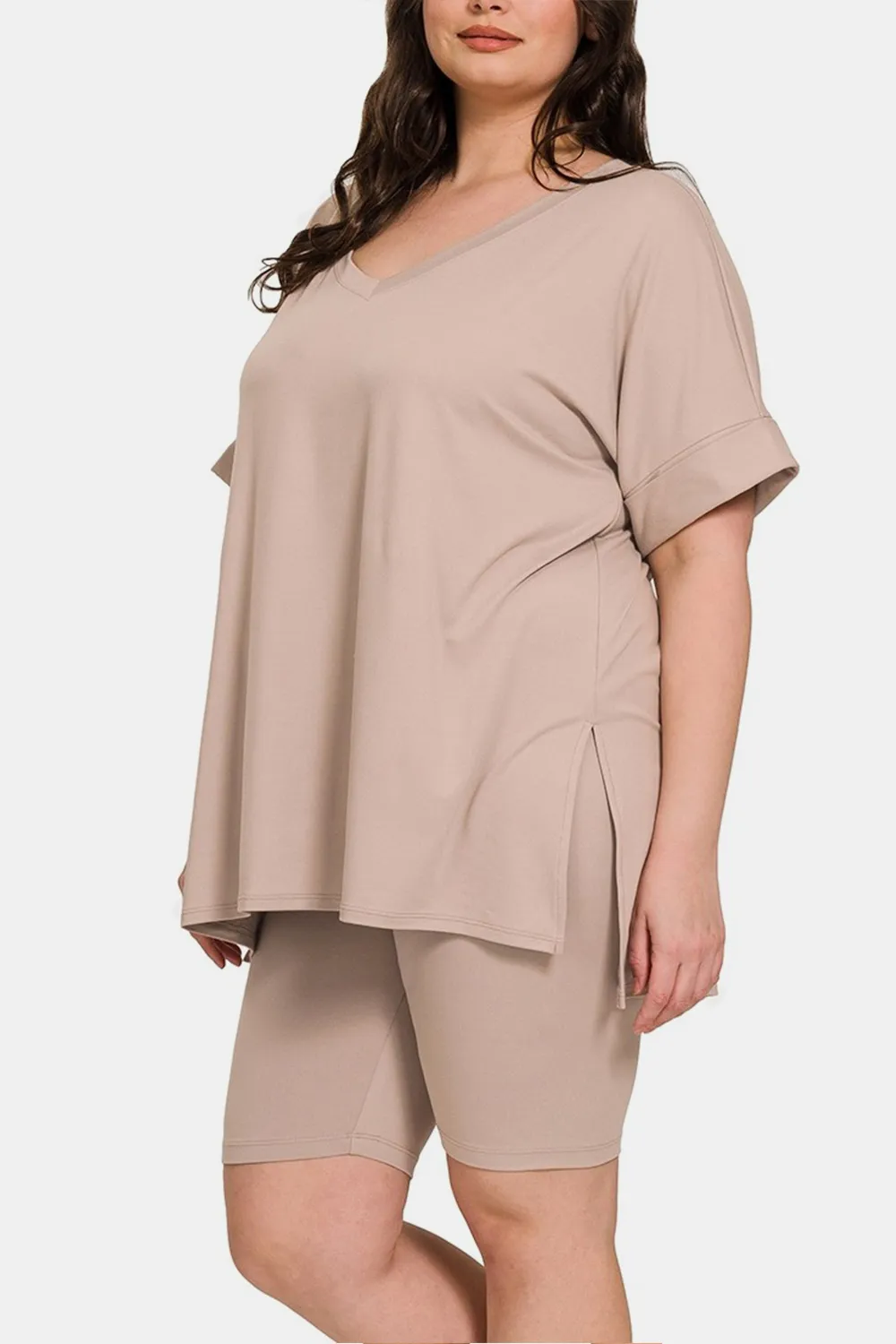 Full Size V-Neck Short Sleeve Slit T-Shirt and Shorts Set, image 3