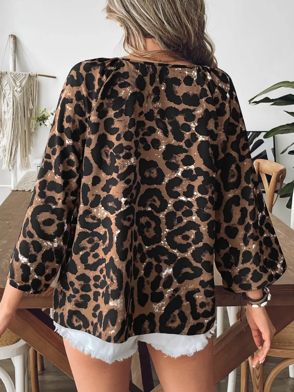 Oversized Leopard V-Neck Three-Quarter Sleeve Blouse, image 2